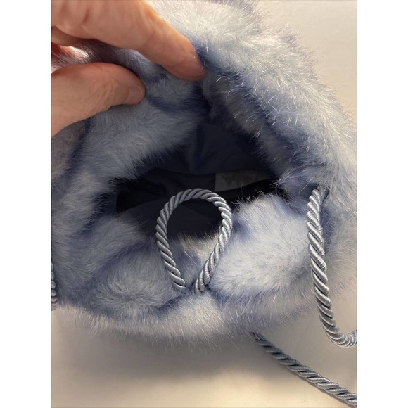 Rothschild Blue Faux Fur Purse Bag Wool Flower Loop Cord Closure Fuzzy - Picture 5 of 7